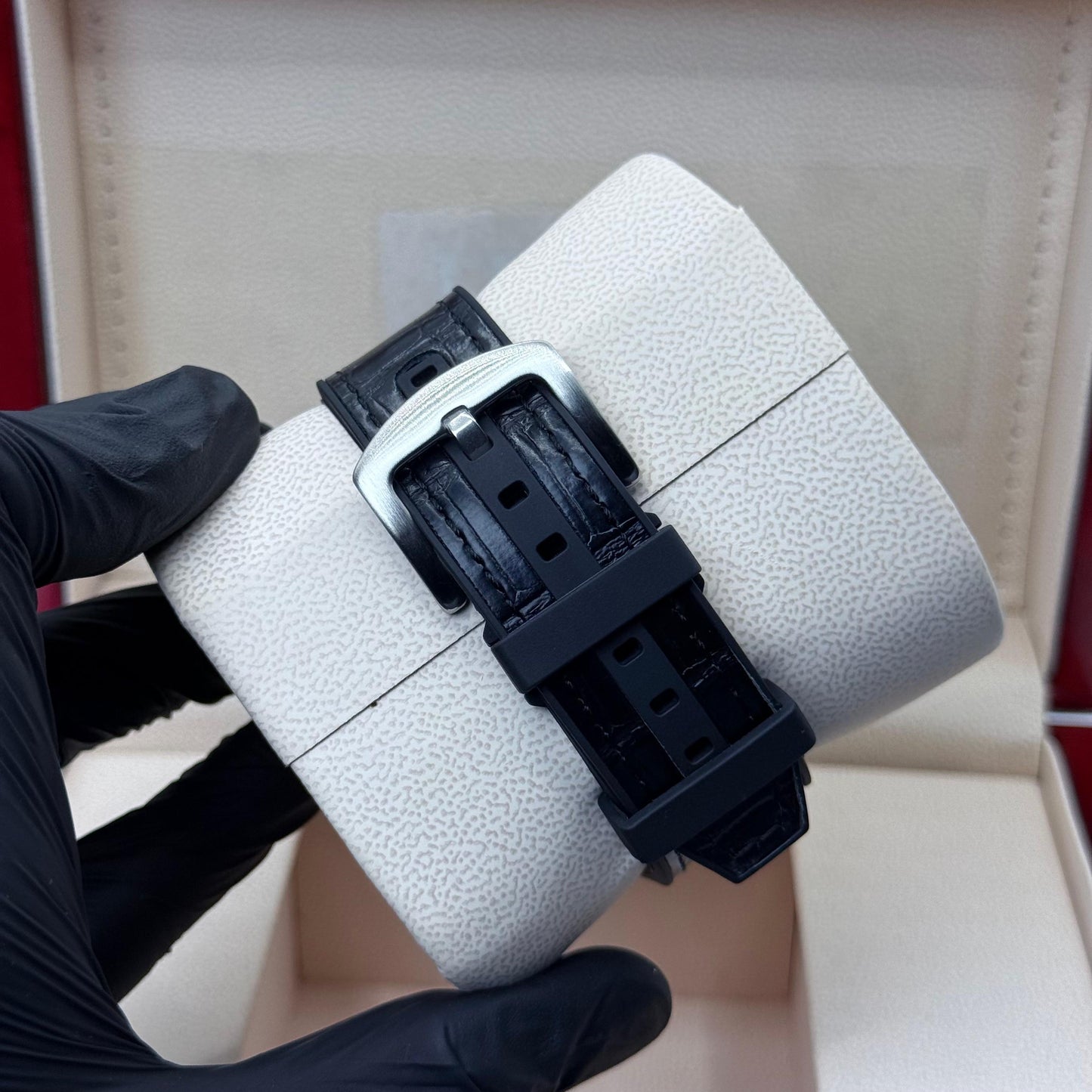 FM Black leather strap with white diamond watch